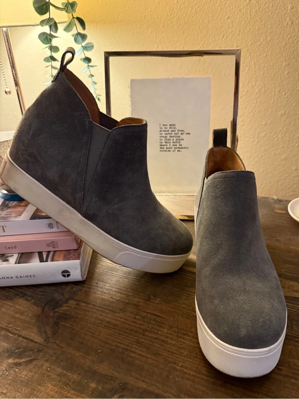 Wedge Platform Slip-On Sneakers in Charcoal Suede